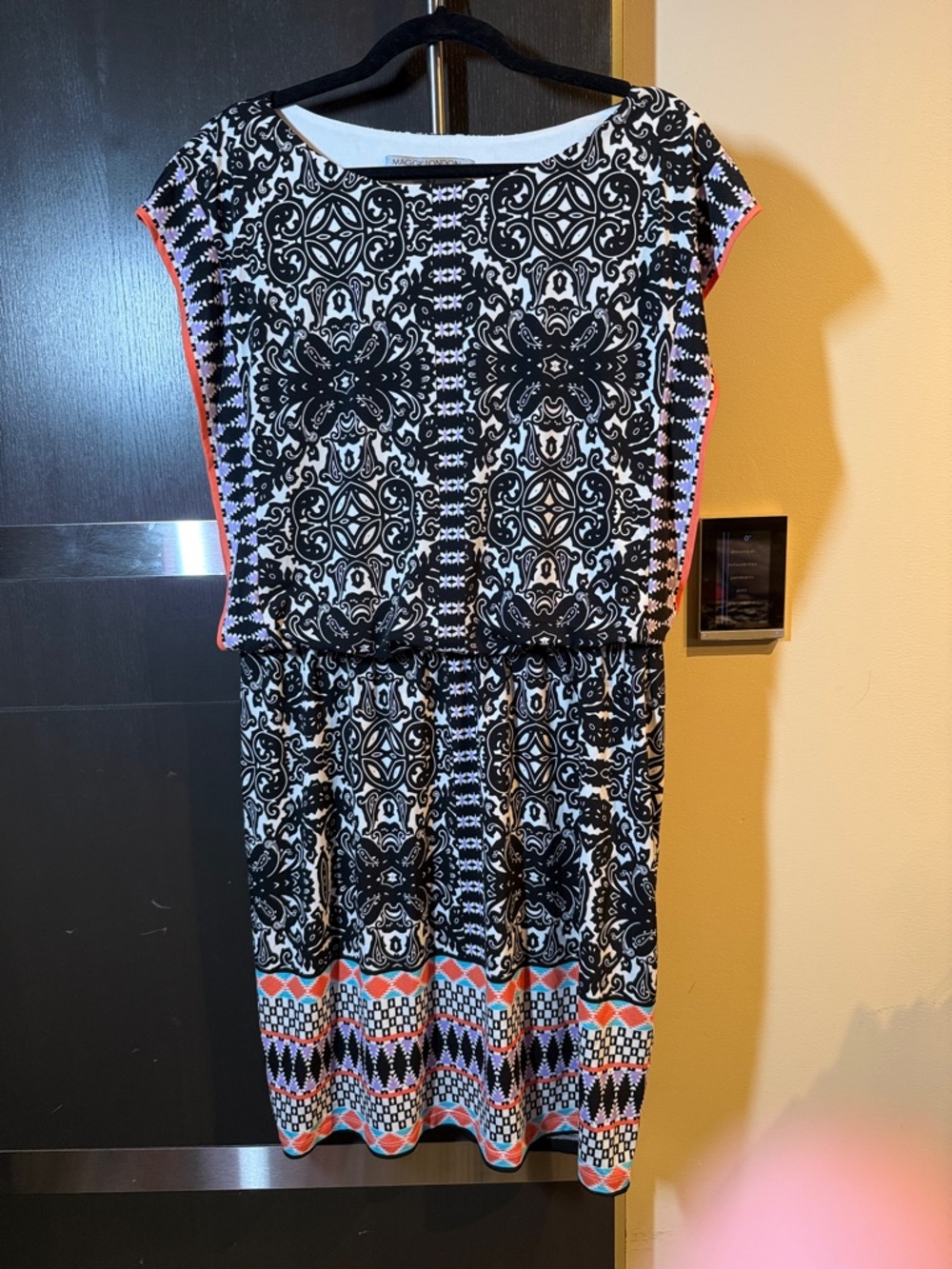 Maggy London Black & White Patterned Midi Dress with Coral Trim